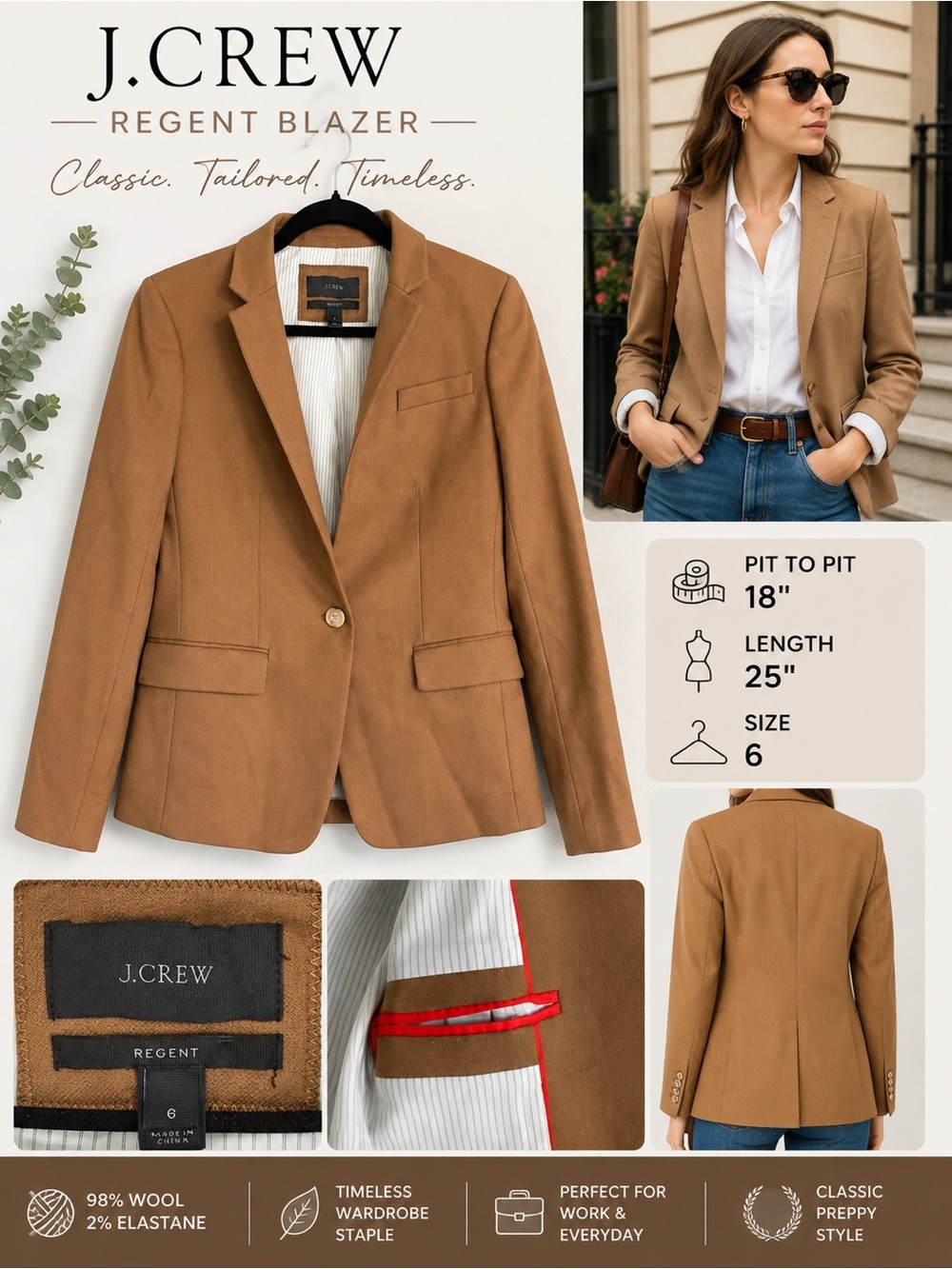 J.Crew Regent Blazer Size 6 Camel Brown Wool Stretch One Button Career Preppy